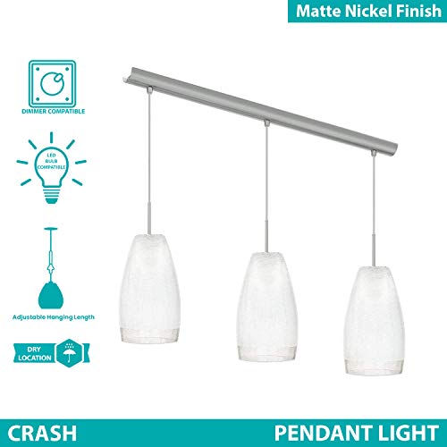 Eglo Crash 3-Light Pendant Hanging Lighting Fixture With Crackle Glass Shades For Kitchen Island, Hallway, And Dining Room, 59-Inch, Matte Nickel #TOP1