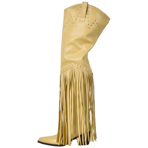 Image of richealnini Western Thigh High Cowboy Boots with Fringe Over Knee Wide Calf Cowgirl Boots