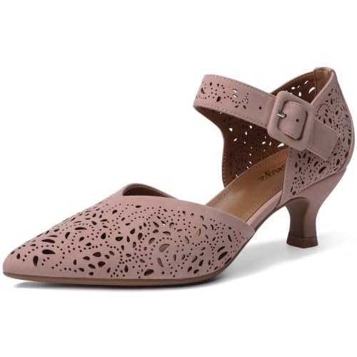 Image of RIBONGZ Comfortable Kitten Heels for Women Pointed Closed Toe Ankle Strap Buckle Heels Slip on Low Heel Church Pumps Wedding Bridal Party Dressy Shoes