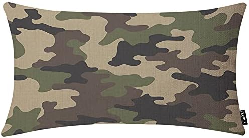 EKOBLA Camouflage Pattern Rectangle Pillow Covers Military Combat Woodland Green Black Lumbar Pillow Cases for Outdoor Square Couch Chair Cushion Cover Cotton Linen 12x20 Inches