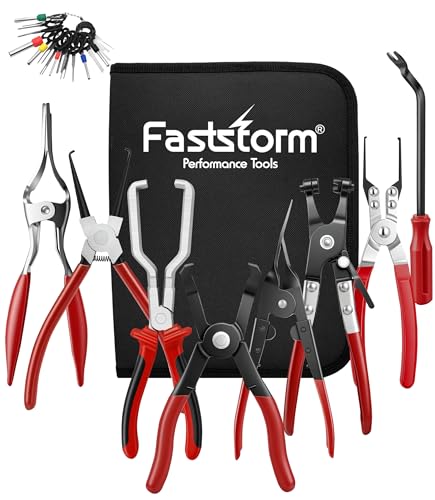 FASTSTORM Fuel Line Pliers Set 8 Pcs Fuel Line Hose Clamp Removal Plier Push Pin Tools Relay Puller Panel Clip Remover & Filter Caliper Spring Clamp Pliers for Fuel System Maintenance.