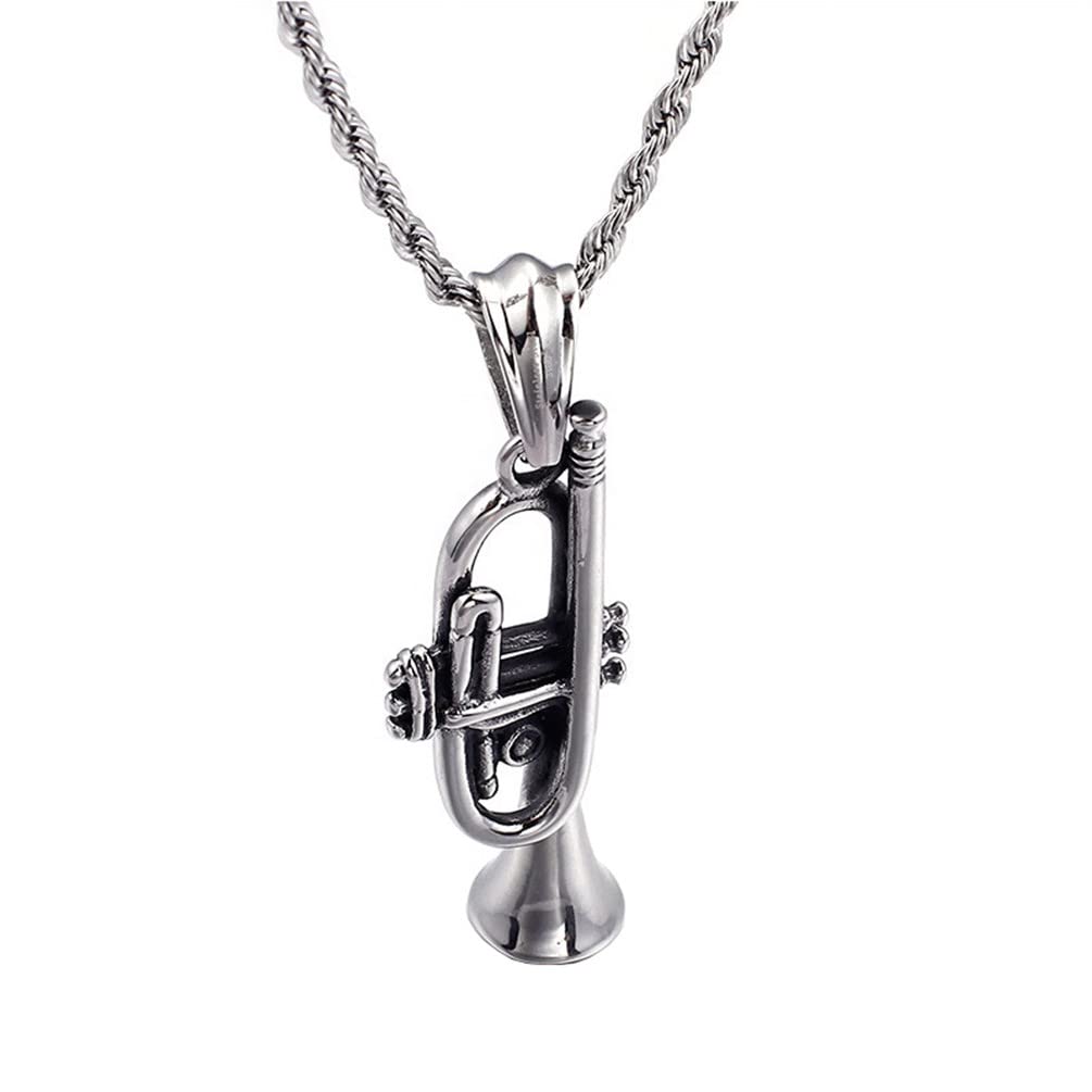 PAMTIER Unisex Stainless Steel Vintage Style Brass Musical Instruments Trumpet Pendant Punk Necklace
