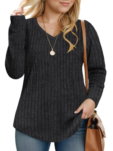 VOGRACE Plus Size Tunic Tops for Women Fall V Neck Tshirts Dressy Pullover Cute Oversized Long Sleeve Sweaters 5X Black
