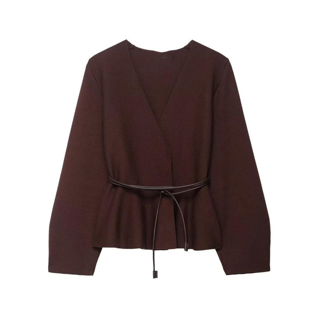 Women Elegant Knit Jacket With Belt Casual Fashionable European Style Short Coat Soft Commuting Top