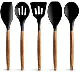 Zulay Kitchen Non-Stick Cooking Utensils Set with Authentic Acacia Wood Handles – 5-Piece Durable & Stylish Silicone Kitchen Utensils Set – Heat Resistant to 464°F – Black