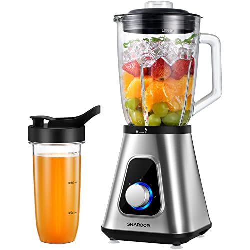 SHARDOR 1200W Blender for Smoothies, Countertop Blender Combo, 52oz Glass Jar, 22oz Travel Cup, 3...