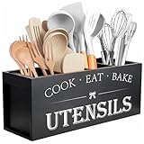 Suli Extra Large Kitchen Utensils Holder with 4 Compartments, Wooden Utensil Organizer for Kitchen Countertop, Farmhouse Kitchen Decor, Rustic Cooking Utensil - Black