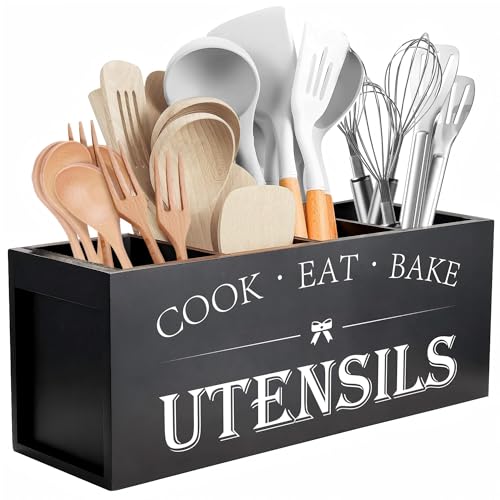 Suli Upgrade Extra Large Kitchen Utensils Holder with 4 Compartments, Wooden Utensil Organizer for Kitchen Countertop, Farmhouse Decor, Rustic Cooking Utensil - Black