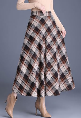 chouyatou Women's Winter Elastic Waist Wool Plaid Skirt Fall A-Line Pleated Midi Long Skater Skirt2