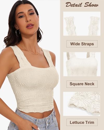 Women's Square Neck Wide Strap Crop Tank Tops Slim Fit Sleeveless Going Out Top Flower Lettuce Trim Cami Tops2