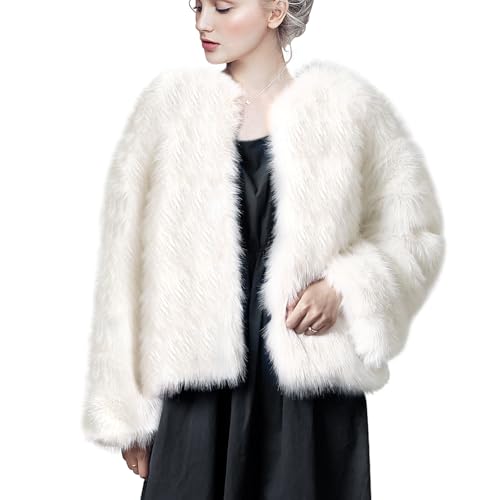 Womens Faux Fur Coat Long Sleeve Winter Loose Fur Coat Thickened Warm Fuzzy Outerwear with Pockets Jacket