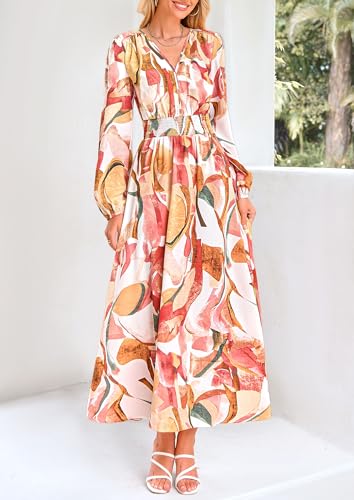 PRETTYGARDEN Women's Floral Midi Dress Casual Fall V Neck Long Sleeve Flowy Spring Beach Wedding Guest Vacation Dresses