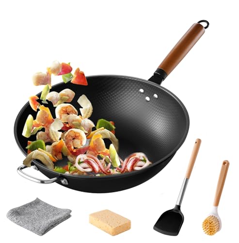 Tatiyana Wok pan 13 Inch carbon steel woks & stir-fry pans nonstick,Pre-seasoned Chinese Wok...
