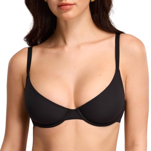DOBREVA Women's Balconette Unlined Plunge Bra Underwire Demi Plus Size Bras Lounge Comfort Black -...