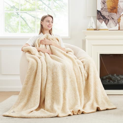 Cozy Bliss Luxury Sherpa Throw Blanket for Couch, Premium Reversible Plush Thick Throw, Warm Cozy Soft Blanket for Home and Gifts (Mottled Beige, 60' x 80')