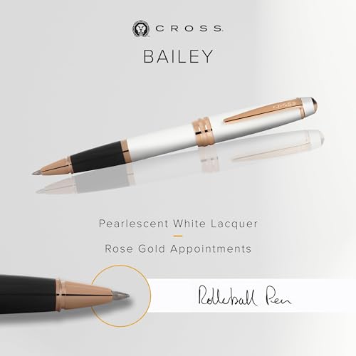 Image of Cross Bailey White & Rose Gold Refillable Rollerball Pen - Medium Point, Black Ink, Presented in a Premium Gift Box