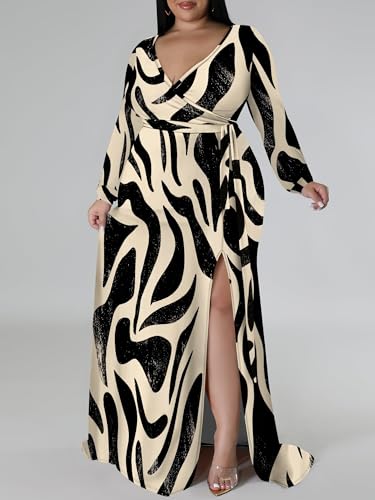 Image of PinkPatty Women's Plus Size Long Sleeve Maxi Dress Casual V Neck Slit Tie Waist Wrap Dresses for Party Cocktail