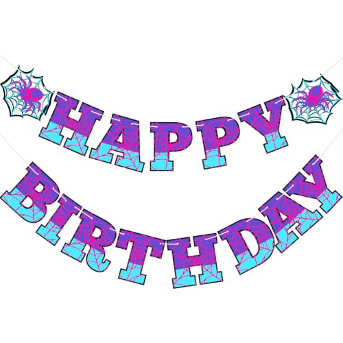 Image of Oudain Spider Theme Birthday Banner Pre-strung Web Flags,Purple Blue