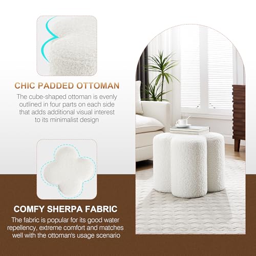 Image of Zesthouse Flower Pouf Ottomans Foot Rest Set of 2, Sherpa Fabric Poofy Ottomans Footstool for Couch Sofa, Modern Living Room Stool Seats for Hallway, Cute Square Vanity Stools for Bedroom Dorm, White