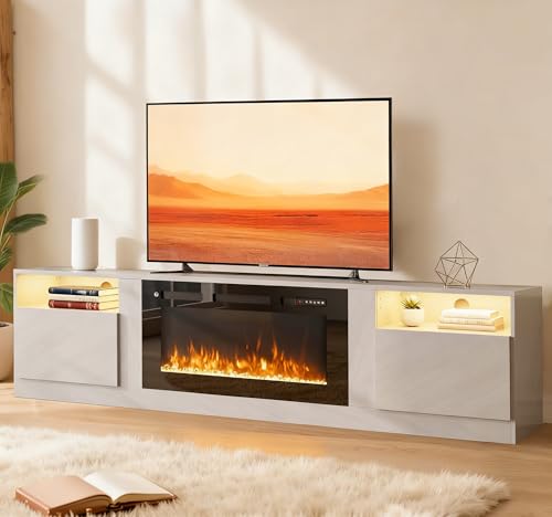 Image of MXV 70 inch Fireplace TV Stand for TVs Up to 80 inch, LED Light Entertainment Center with 36 inch Electric Fireplace, Modern Wood Texture TV Media Console with Highlight Storage Cabinet, Grey-Black