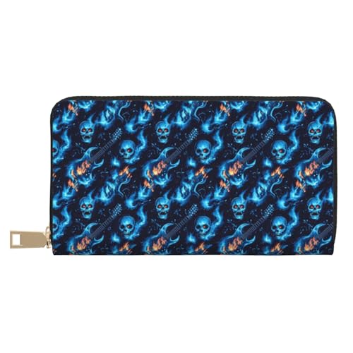 Blue Flame Skull Guitar Print Wallet Women Men, Long PU Leather Wallets for Women, Cute Womens Travel Wallet Purse Pouch with Zipper Pocket