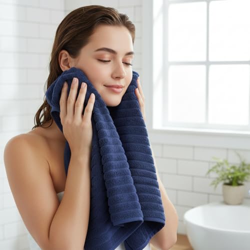 Image of 6 PC Microfiber Hand Towels for Bathroom, 16 inchx30 inch,Navy Blue | Soft Touch, Highly Absorbent, Quick Dry, Lint Free, Hanging Loop, Lightweight Towels for Guest Bath, Gym, Travel & Kitchen