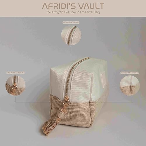 AFRIDI'S VAULT Toiletry Makeup Pouch Bag Traveling Bag Jute Bamboo Eco Friendly Zipper Canvas Cosmetic Bag for Womens Girls for Cosmetic Toiletry best for Makeup and personal Care items, White - Image 4