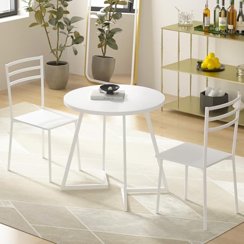 Image of VECELO Small Round Dining Table Set for 2, Wood Marbled Tabletop with Metal Frame, Modern Dinette with Chairs for Kitchen Breakfast Nook Living Room, Solid White