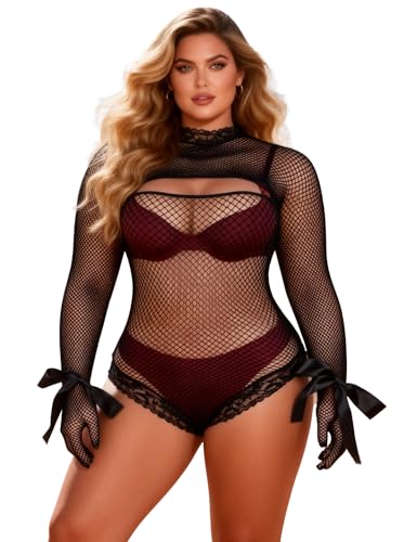 sunshinelady Body sexy para mujer, lencería para mujer, XS-5XL, ropa interior de malla, dos piezas, con cordones, body de encaje transparente, tallas grandes, color negro, L-2XL