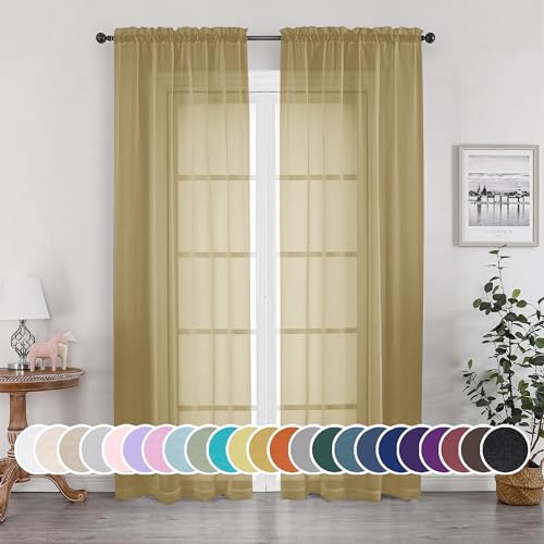 Image of OWENIE Gold Sheer Curtains 84 Inch Length 2 Panels Set, Light Filtering Voile Fimly Sheer Drapes for Living Room /Bedroom, 2pcs, Gold Solid Rod Pocket Sheer Curtains, Each 42 inch W x 84 inch L