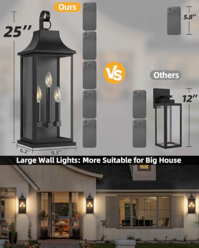 Image of RAYVO 25 inch Extra Large Outdoor Wall Light, Black Porch Lantern | Waterproof Anti-Rust Metal Sconce, Clear Glass Panels, 3 E12 Bases, Modern Exterior Light Fixture for Porch Patio Garage