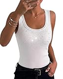 CHICME Womens Sleeveless U Neck Tank Top Rhinestone Ribbed Fitted Shirts Cute Summer Going Out Clothes 2026-w-M White