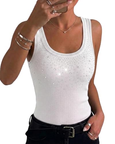 CHICME Womens Sleeveless U Neck Tank Top Rhinestone Ribbed Fitted Shirts Cute Summer Going Out Clothes 2026-w-L White