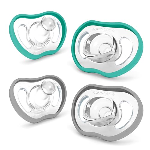 Image of Nanobebe Active Baby Pacifiers 4-36 Months - Orthodontic, Lightweight and Vented, Curves Comfortably with Face Contour, 100% Silicone - BPA Free, Perfect Baby Registry Gift 4pk, Teal/Grey