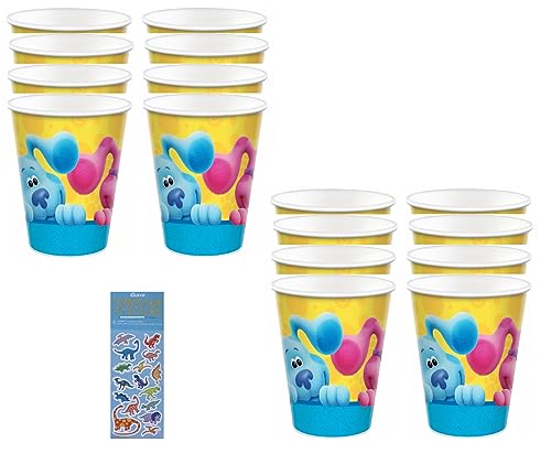 Amscan Blue's Clues Birthday Baby Shower Party Supplies Bundle includes 16 Paper Cups and 1 Dinosaur Sticker Sheet