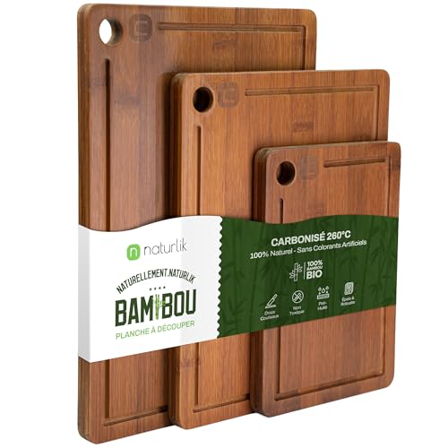 naturlik Planche à Découper Lot de 3 Carbonisée – Bambou Foncé avec Rigole à Jus – Set Cuisine Durable pour Viande Légumes Fromage Pain – Planche à Servir Prête à l'Emploi Pré-Huilée