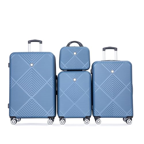 4-Piece Abs Lightweight Suitcase Set, Includes 14 Inch Makeup Box, Smooth-Rolling Spinner Wheels (14/20/24/28) Blue