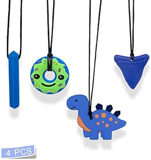 Sensory Chew Necklace for Autism, Teething, Anxiety, Biting Needs, Sore Gums Pain Relief, ADHD, Silicone Chewy Teether Oral Motor Chewing Pendant Toys with Adjustable Buckle for Kids Boys