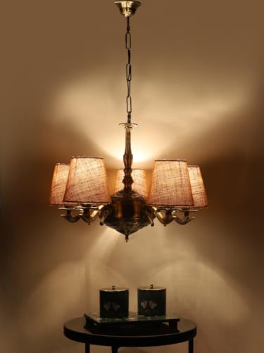Image of Devansh 05 Lights Beige Jute conical Shade with Antique Golden Chandelier