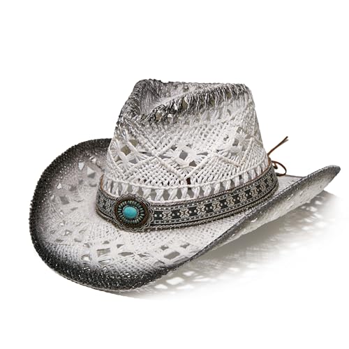 Image of YOUBADU Western Straw Cowboy and Cowgirl Hats with Decorative Bands - Unisex Wide Brim Raffia Style Sun Hat