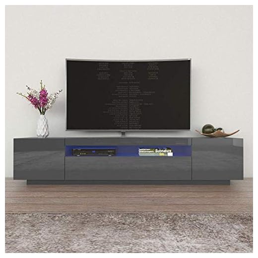 MEBLE FURNITURE & RUGS Miami 200 TV Stand for TVs up to 90", Modern High Gloss 79" Entertainment Center, TV Media Console with Storage Cabinets and LED Lights