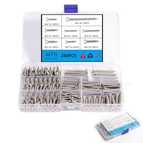 AETTL 280PCS M5 M4 M3 Wood Screws Assortment Kit, Flat Head Stainless Steel Small Self Tapping Screw Assorted Set for Deck Door Cabinet