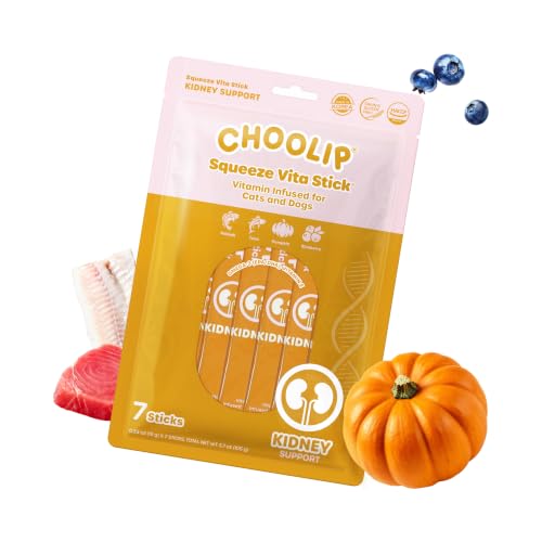 Choolip Squeeze Vita Stick Lickable Cat and Dog Treats, 7-Count Kidney Support, Tuna and Pollack with Pumpkin, Blueberry and Omega-3, Grain-Free, Vet-Formulated