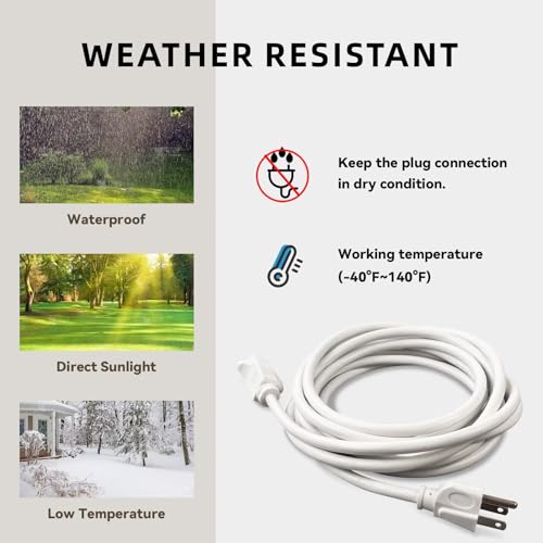 Image of 6ft Outdoor Extension Cord for Christmas Decorations - 16 /3 Heavy Duty SJTW Waterproof White Electrical Cable with 3 Prong Grounded Plug for Safety, Great for Lawn and Major Appliances