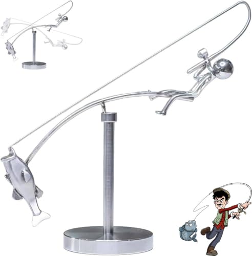 Kinetic Fisherman Balancing Sculpture - Handcrafted Metal Art Statue for Home/Office Desktop Decor, Unique Balance Gift for Fishing Enthusiasts & Collectors (1Pcs)
