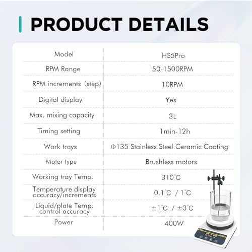 LAB FISH Laboratory Magnetic Stirrer Hot Plate 310℃/ 590℉ 5 inch Digital Magnetic Mixer 3L Capacity Button Control Timer Setting 50-1500rpm,Probe Sensor & Stirring Bar Included,110V - Thumbnail 6