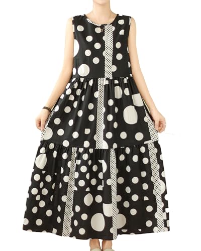 Image of ellazhu Women's Sleeveless Maxi Length Boho Casual Polka Dot Print Dress GA2730 A