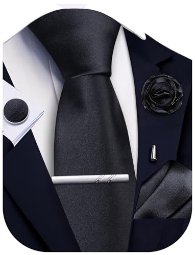 Image of Ailisus Black Tie and Pocket Square Set Solid Necktie Cufflinks Tie Clip Lapel Pin for Men Wedding Business 5PCS