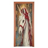 JUMBEAR Cubierta de puerta de caballo blanco de Navidad, cubierta de puerta delantera, decoración de puerta de Navidad para fiesta de Navidad, puerta delantera del hogar, 82 x 205 cm