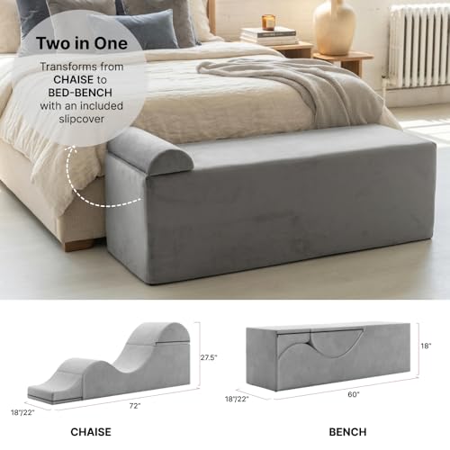 Image of Avana Kami Convertible Chaise /Bed Bench for Yoga & Massage - 2-in-1 End of Bed Ottoman with Concealed Fold Out Yoga Lounge Chair, 22 inch Wide, Microvelvet Bone Ivory